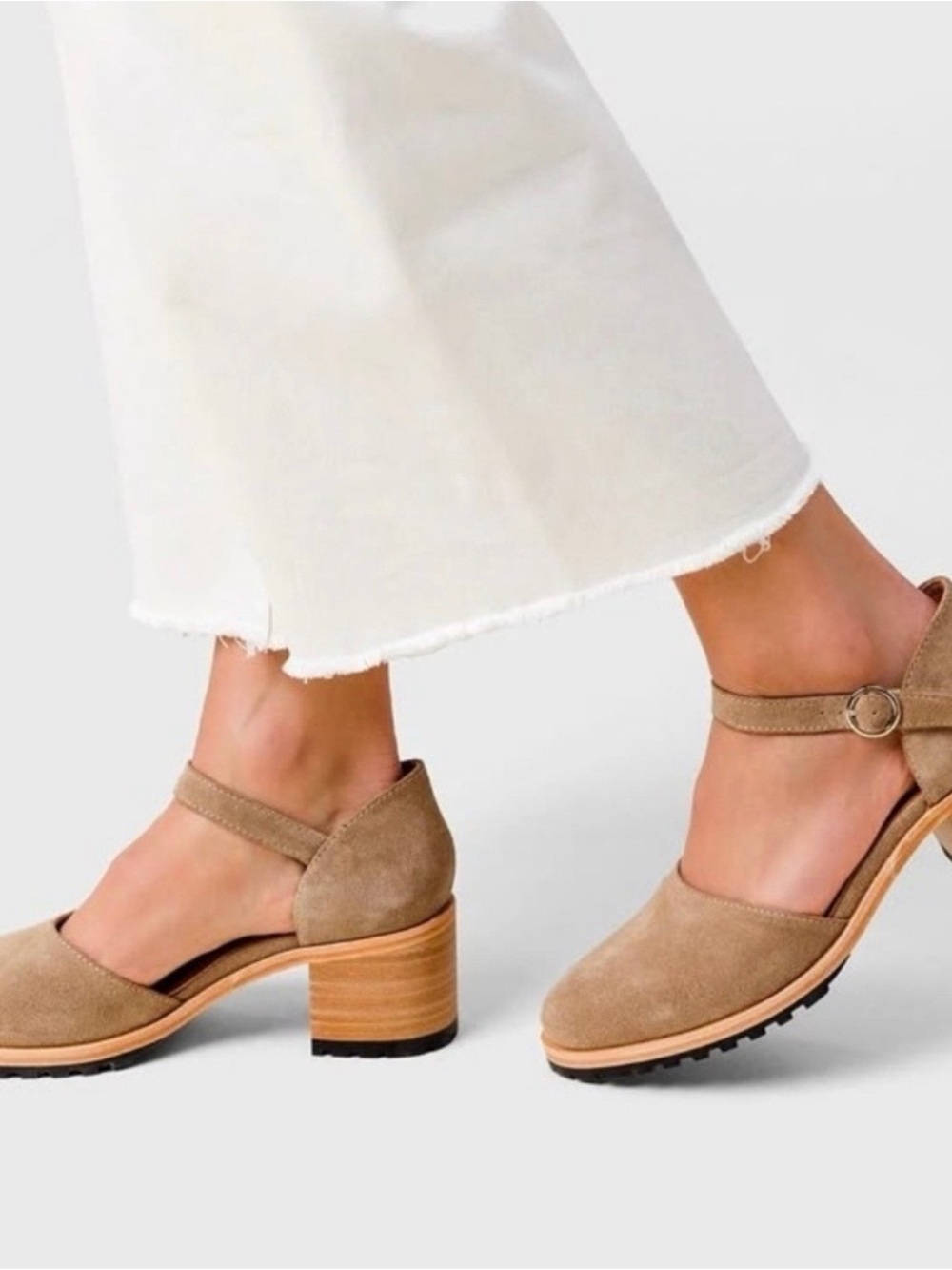 Suede Tan Block Heel Mary Jane with Ankle Strap